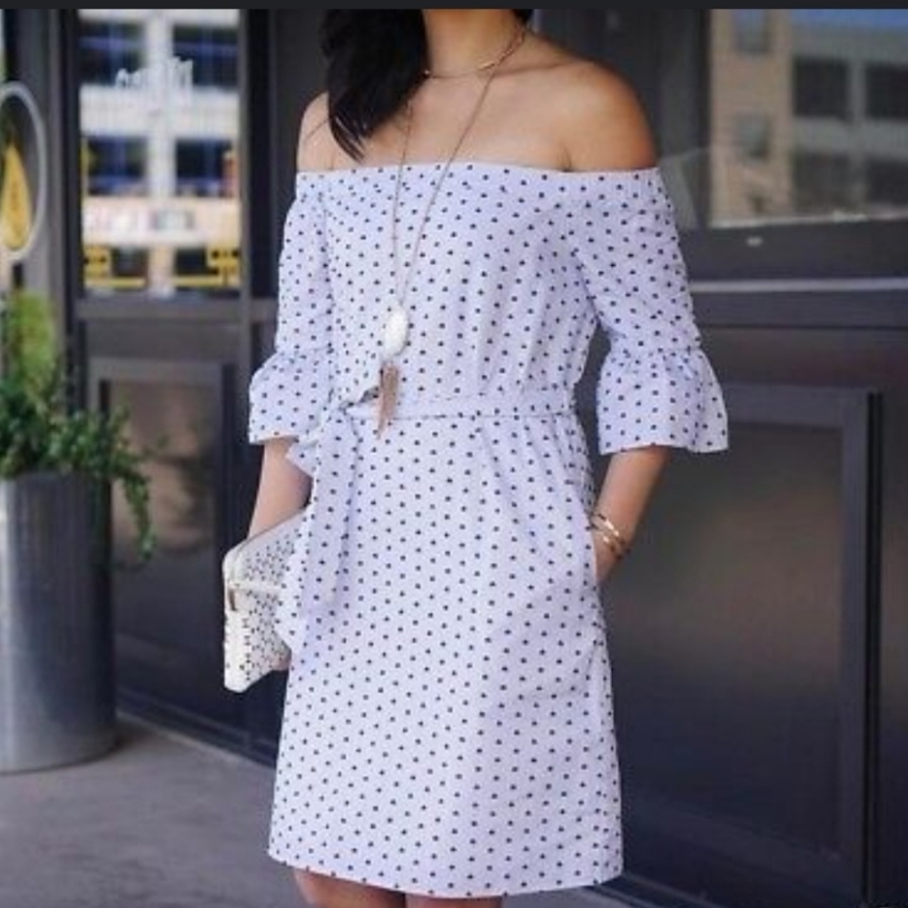 🔥Banana Repulic Polka-dot Navy Blue/White Off-Shoulder Summer Mini‎ Dress SZ S